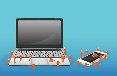 Mini worker working on a laptop computer and smartphone Stock Illustration
