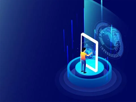 Miniature analyst working with virtual display interface on smartphone scre.. Illustrazione stock