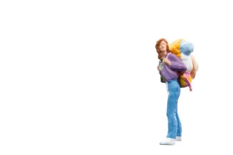 Miniature Backpacker  isolated on white background Stock Photos