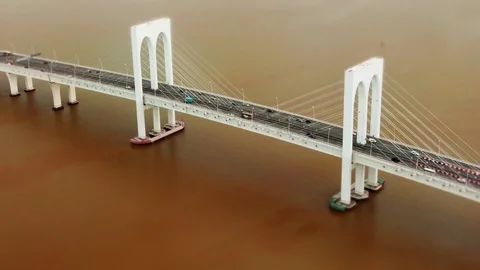 Miniature Bridge (Tilt Shift) Sai Van Bridge in Macau - Daytime Med shot Stock Footage 82873944