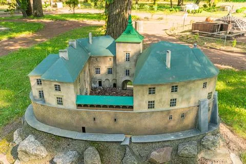 A miniature castle model with multiple turrets, varying heights, ornate parap 스톡 사진