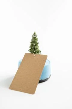 Miniature Christmas tree with a blank kraft paper gift tag on a light blue .. Stock Photos