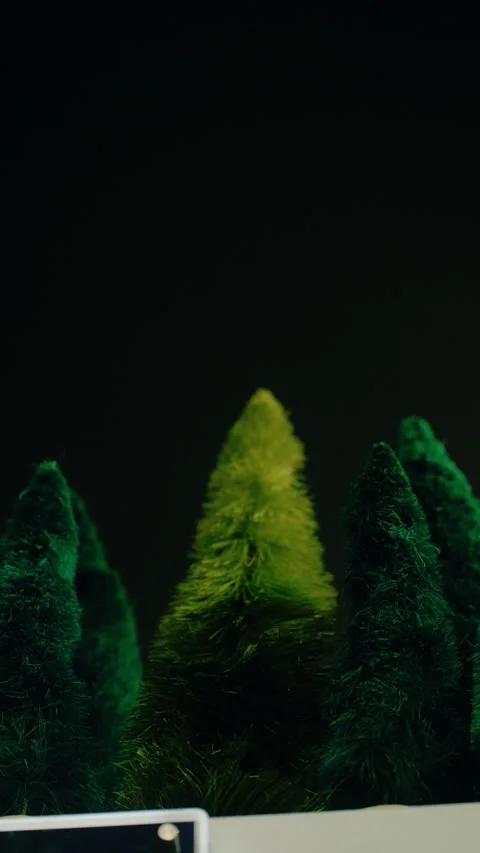 Miniature Christmas Trees Dark Background Dramatic Lighting Holiday Decor 스톡 동영상 332615823