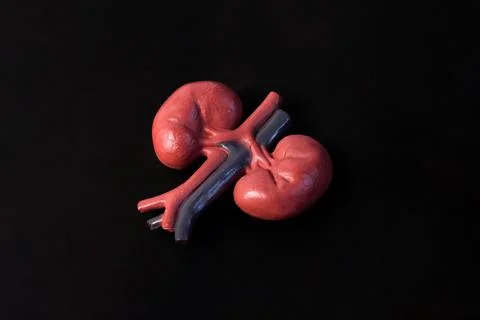 Miniature educational model of human kidneys showing renal arteries and vei.. Stock Photos