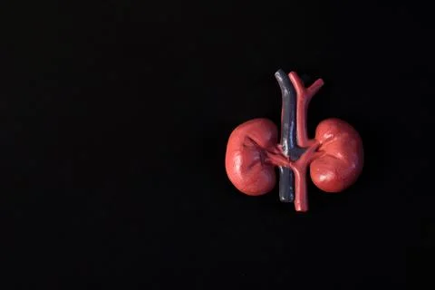 Miniature educational model of human kidneys showing renal arteries and vei.. Stock Photos