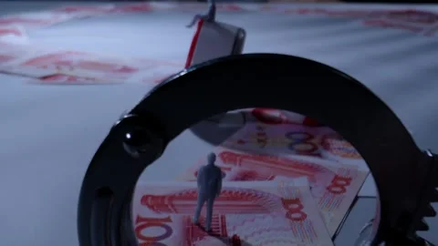 Miniature Figure Inside Handcuffs Over Red Banknotes Symbolizing Corruption Stock Footage 339067678