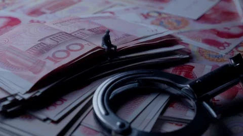 Miniature Figure Sitting on Stack of Chinese Money with Handcuffs Stock Footage 339068662