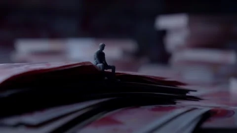 Miniature Figure Sitting on Stack of Red Banknotes, Close-up Stock-Footage 339068546