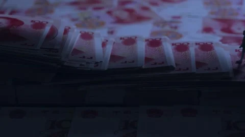 Miniature Figure Walking Across Stacks of Chinese Yuan Banknotes Video stock 339067467