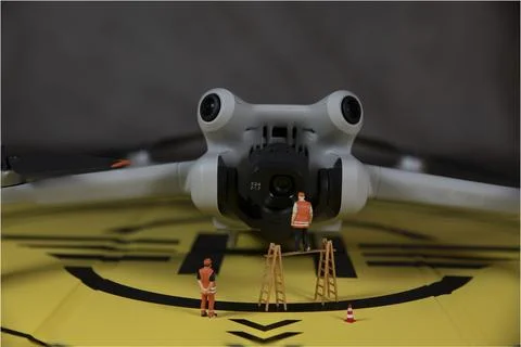 Miniature figures checking the working of the drone Stock Photos