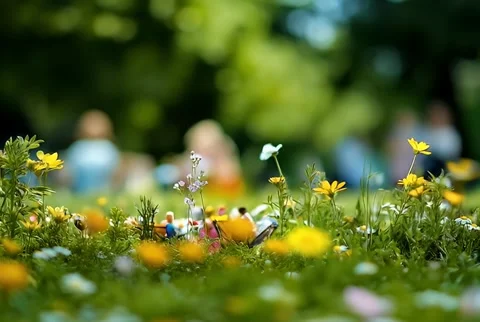 Miniature Figures in a Flower Field Stock Footage 306432944