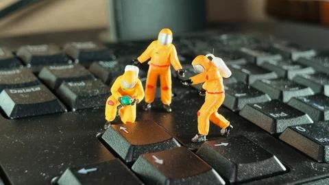 Miniature Hazmat Workers Cleaning Computer Keyboard Surface Stock Photos