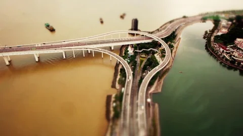 Miniature Highway Stack Interchange (tilt-shift)  Av Panoramica do Lago Sai Van Stock Footage 82845147
