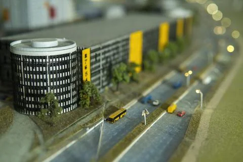 Miniature layout of a city block with multi-level parking Stock Photos