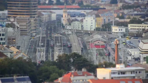 Miniature looking time lapse effect of a central train station in a small 動画素材 150587438
