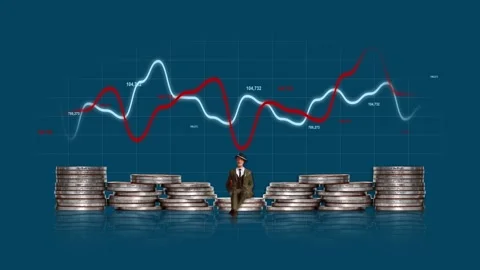 A miniature man and graphs sitting on a pile of coins. Stock Footage 232640129