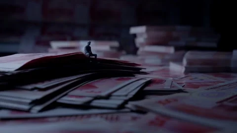 Miniature Man Sitting Alone on Stack of Red Banknotes Close-up Stock-Footage 339068493