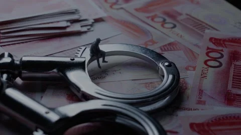 Miniature Man Sitting Inside Metal Handcuffs on Red Banknotes Video stock 339067938