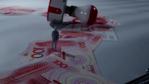 Miniature Man Standing on Banknotes with Stamp and Handcuffs 動画素材 339067468