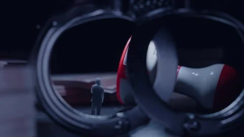 Miniature Man Standing Inside Open Handcuffs Holding Megaphone Stock Footage 339068640