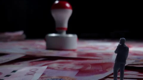 Miniature Man Standing on Red Banknotes Near Stamp, Close-up 動画素材 339067408