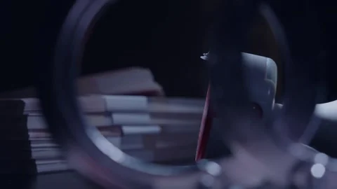 Miniature Man Working at Desk Through Magnifying Glass, Macro Shot Vidéo 339068818
