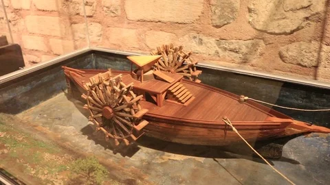 Miniature model of an ancient ship Stock Footage 83713135