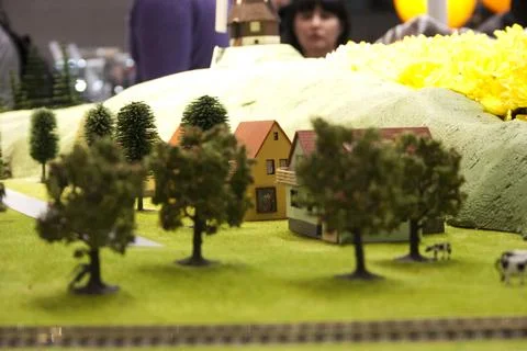 Miniature model of a house and a tree on the grass. Stock Photos