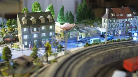 Miniature model train railway table slow motion 4k Stock Footage 281848129