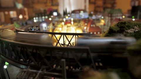 Miniature model train railway table slow motion 4k Stock Footage 281849111