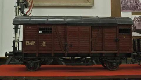 Miniature model of train wagon on display in railway museum Foto stock