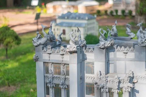A miniature neoclassical model with Ionic columns, pediments, arches, shutt.. Stock Photos