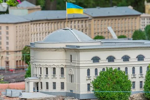 A miniature neoclassical model with multiple gables, dormer windows, and deco 스톡 사진
