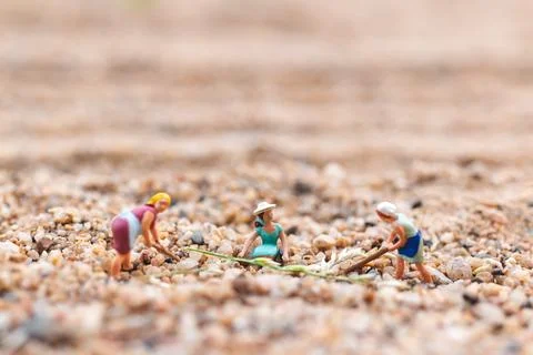 Miniature people : Farmer working plot in the desert Stock Photos