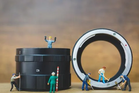 Miniature people : Worker team checking The pipe Stock Photos