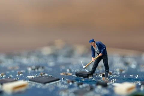 Miniature people working on cpu board, Technology concept Stock Photos