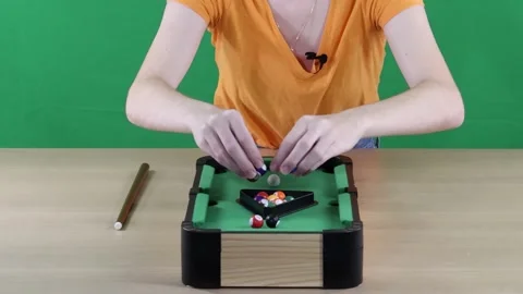 Miniature Pool Game Setup on Green Screen Video stock 308430997