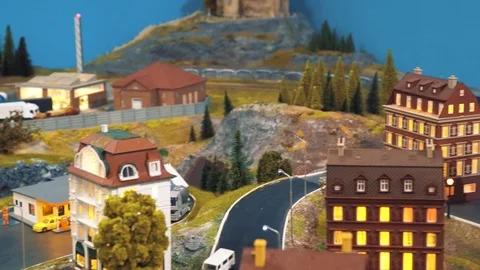 Miniature railway model. Train and wagons. Landscape. Stock Footage 99585222