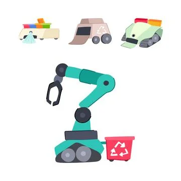 Miniature robots sorting and recycling waste materials Stock Illustration