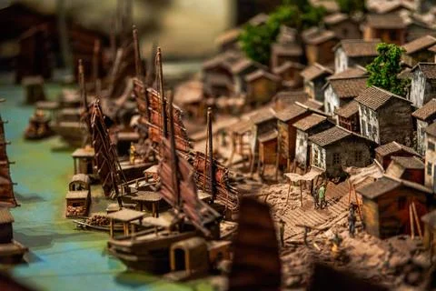 A miniature sand table model landscape of an ancient Chinese city Stockfoto's