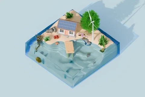 A miniature scene featuring a house, tree, and wind turbine Illustrazione stock