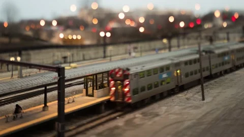 Miniature tilt shift scene of Chicago trains Stock Footage 233701471