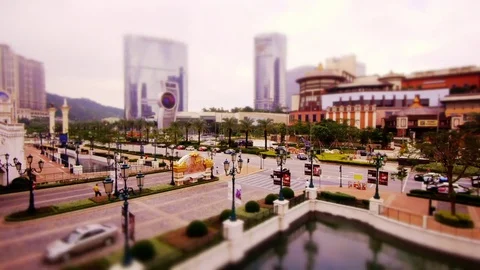 Miniature Tilt Shift Traffic Intersection on Cotai Strip in Macau Stock Footage 82897102