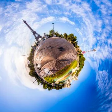 Miniature tiny planet with the Eiffel Tower seen from Pont d'Iéna in Paris Foto stock