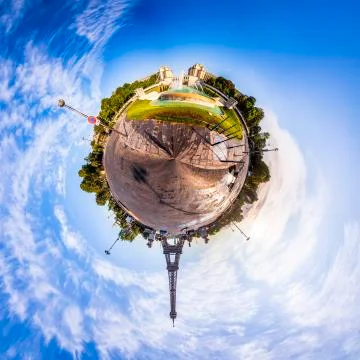 Miniature tiny planet with the Eiffel Tower seen from Pont d'Iéna in Paris Stockfoto's