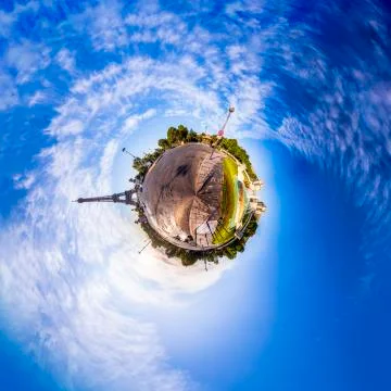 Miniature tiny planet with the Eiffel Tower seen from Pont d'Iéna in Paris Foto stock