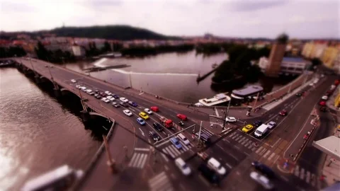 Miniature Traffic Intersection at Vltava river in Prague (Tilt-Shift) Stock Footage 82707230