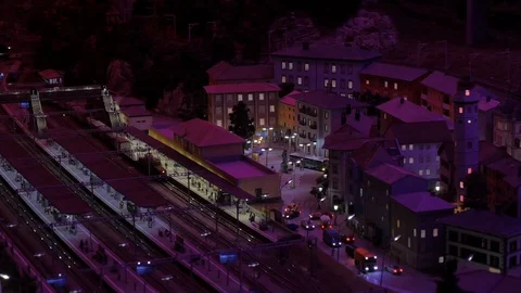 Miniature Train Station at Night Stock Footage 92781840