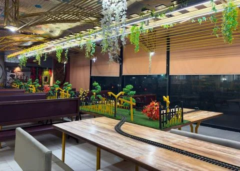 Miniature Train Themed Restaurant Interior With Model Railway Dining Experien Stock Photos