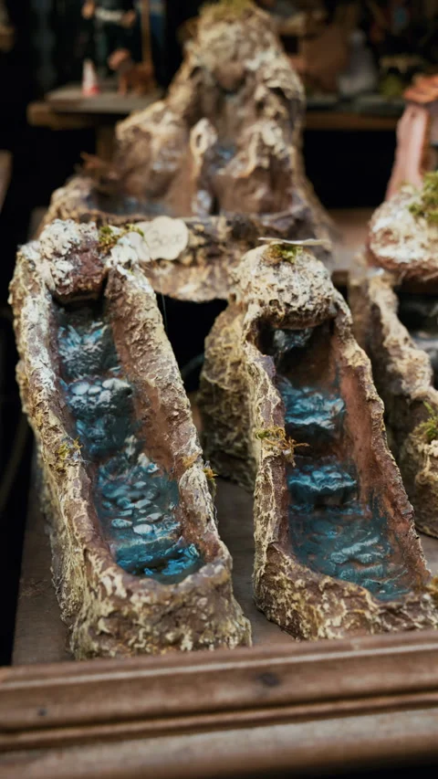 Miniature waterfall a Nativity scene accessory from the streets of Naples. Stock Footage 341564592